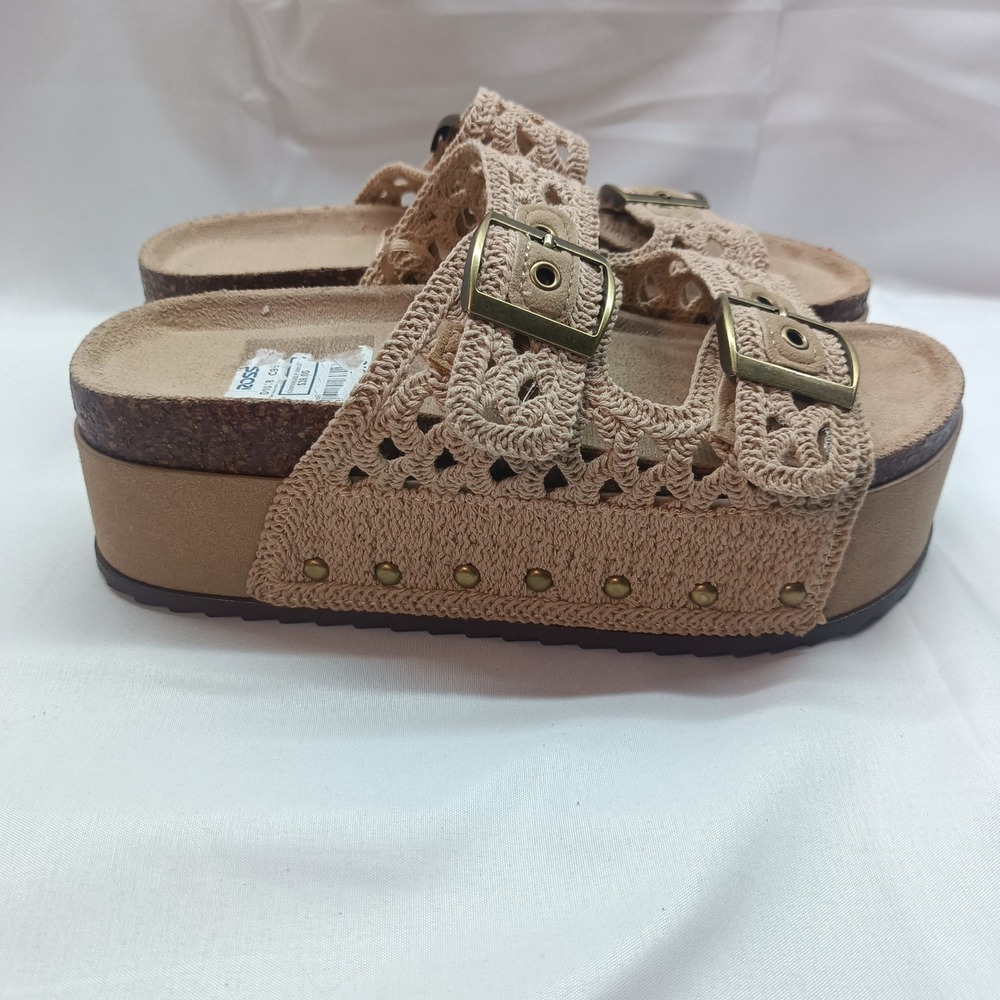 Madden Girl Crochet Double Strap Platform Sandals Tan Boho Buckle Slides 6.5 - Picture 4 of 8